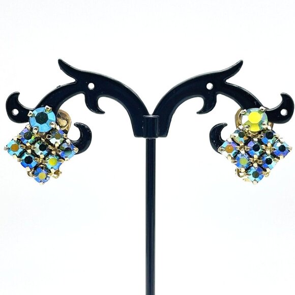 Unbranded Jewelry - Vintage Square Aurora Borealis Earrings Gold Tone Clip On Glam Bling Sparkle